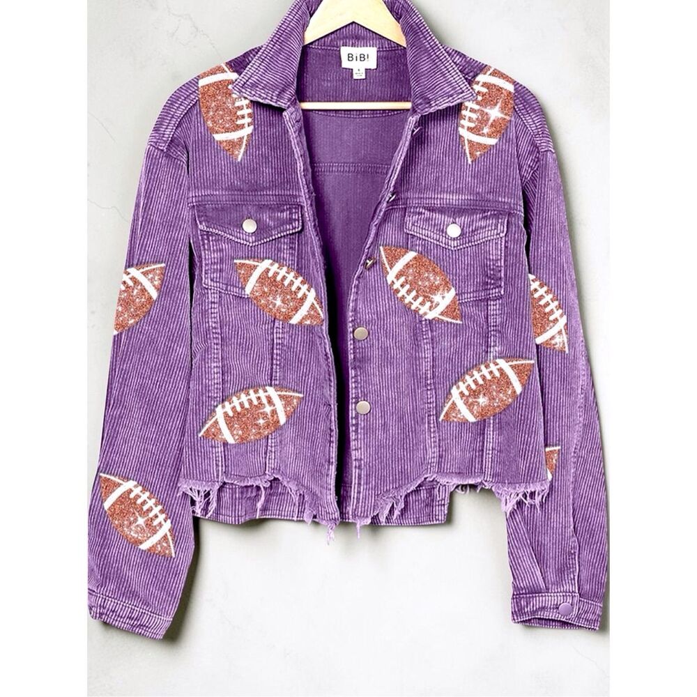 BiBi Purple Football Sequin Corduroy Jacket Gameday Raw Hem Shacket XL NEW - Picture 7 of 10